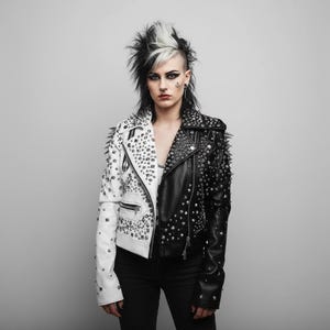 May include: A two-toned leather jacket, half white and half black, adorned with silver studs and spikes. The jacket features a classic biker style with a zipper closure and multiple pockets. The edgy design is a statement piece.