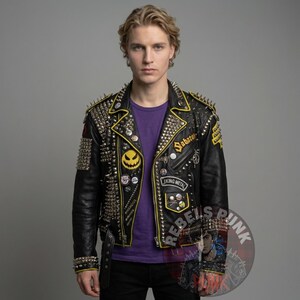 Leren herenjack met studs, UV-patch Skull Rock Biker, handgemaakt