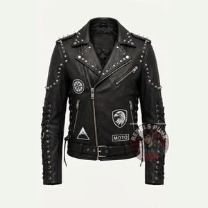 Chaqueta de cuero para hombre estilo motero con tachuelas, parche de águila con protección UV, cordones y estilo rockero.