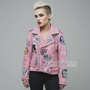 Handgefertigte Pink Nieten Aufnäher Lederjacke - Punk Rock Biker Stil