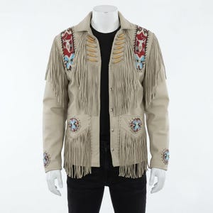 Handmade Men's Beige Leather Jacket Native Beadwork Bone Embellished Cowboy