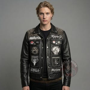 Mens Punk Leather Jacket Bullet Hem Discharge Crass Skull UV Back Patch
