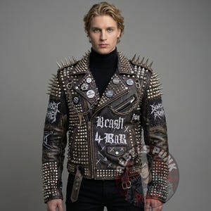 Black Metal Graffiti Punk Leather Jacket Aged Studs Chains Beast 4 Bar Men