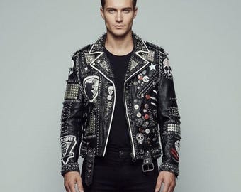 Handmade Studded Leather Jacket with White Piping Trim, Mixed Studs, Shoulder Spikes, Patches, Punk Biker Style