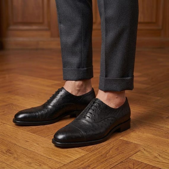 Handmade Black Genuine Ostrich Leather Cap Toe Oxford Shoes Men