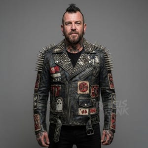 Mens Distressed Spike Punk Leather Jacket | Chaos Rebellion Biker Coat