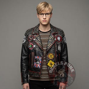 Mens Doom Crass Punk Leather Jacket Studded Anarchy Biker Coat Black Red