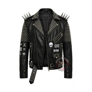 Mens Black Studded Punk Leather Jacket Silver Spike Skull Patch Biker Coat