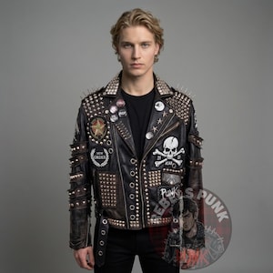 Distressed Leather Punk Jacket Armour Studs ACAB Skull New Order Patches