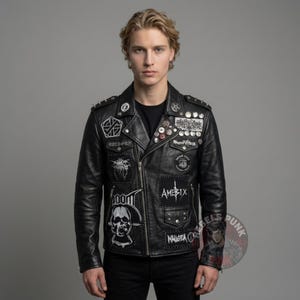 Mens Anarcho Punk Leather Jacket Discharge Amebix Doom UV Back Patch