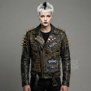 Mens Womens unisex Distressed Bronze Studded Rebel Leather Jacket | Spike Biker Coat