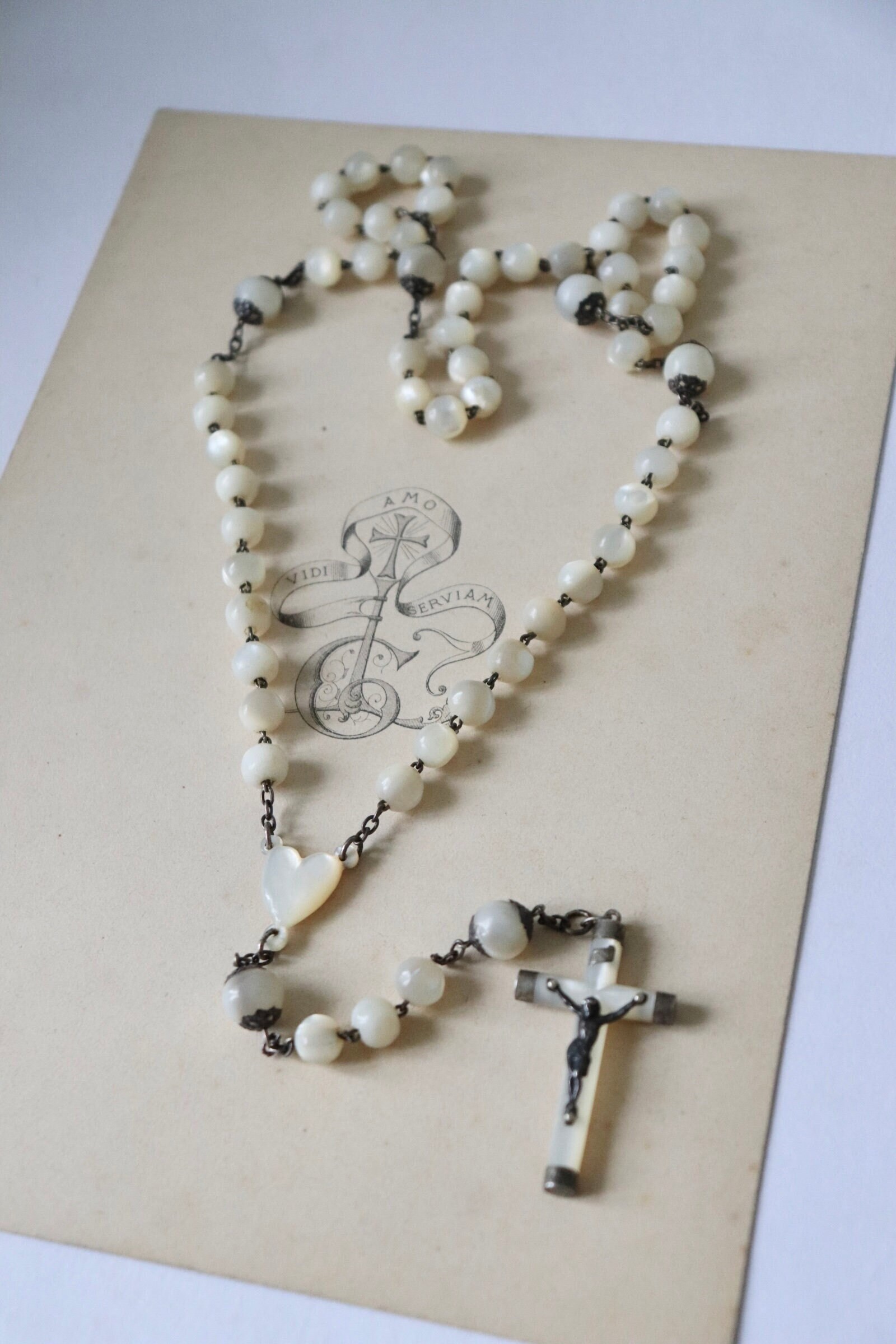 Beautiful 1930S French Rosary Chapelet Mop Heart Cross Reliquary