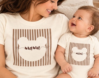 Striped Bear Mommy and Me Shirts, Mama Mini Teddy Tee with Baby Bodysuit, Brown Stripe Matching Outfit for Mother Daughter Son