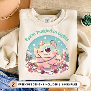Grappig kerstmonster, png PNGEgg • Eye'm Tangled in Lights pastelkleurig kawaii vakantiesublimatieontwerp