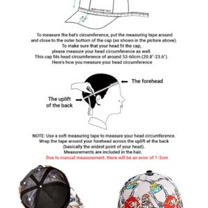May include: Diagram showing how to measure a baseball cap's circumference, with a detailed illustration. The image also shows two baseball caps with colorful cartoon graphics. The text explains how to measure head circumference.