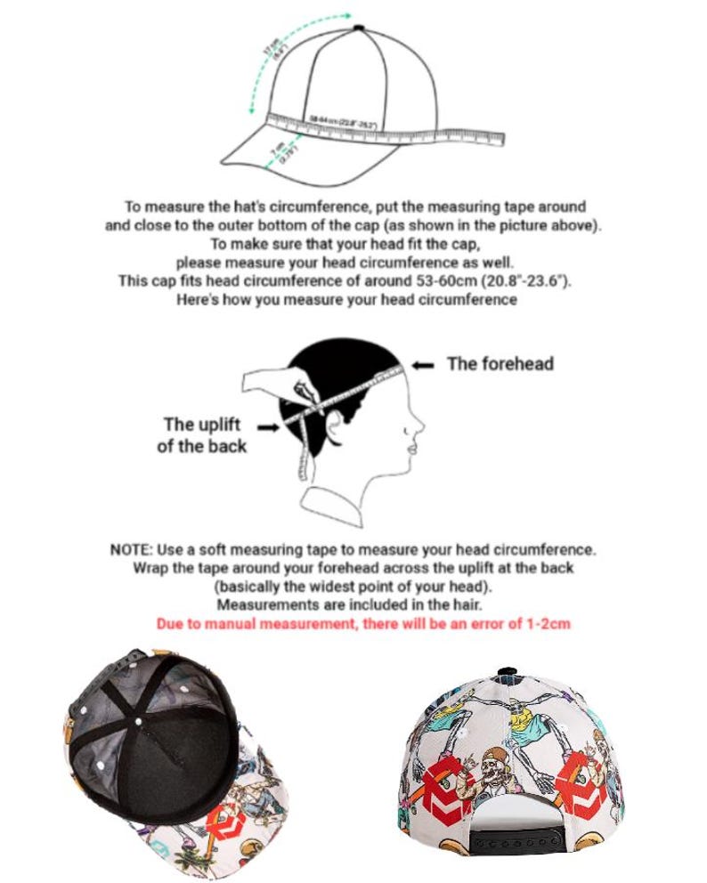 May include: Diagram showing how to measure a baseball cap's circumference, with a detailed illustration. The image also shows two baseball caps with colorful cartoon graphics. The text explains how to measure head circumference.