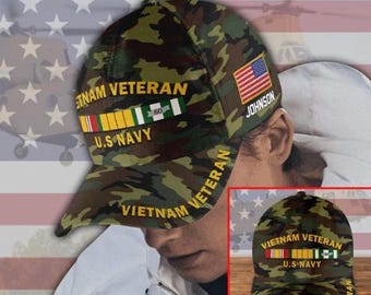 Us Navy Ball Caps, Vietnam Veteran Hat, Camo Hat, Vietnam Vet Hat, Vietnam Veteran Cap US Navy Custom Name - Prints Cap (not embroidered)