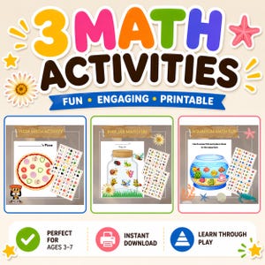 May include: Colorful educational printable featuring three math activities: pizza, bug jar, and aquarium themed. The title reads "3 MATH ACTIVITIES" with the words "FUN, ENGAGING, PRINTABLE". Includes the text "PERFECT FOR AGES 3-7" and "INSTANT DOWNLOAD".