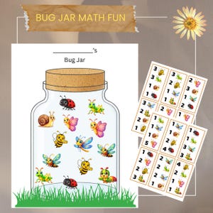 May include: Educational worksheet with a bug jar theme. The jar is filled with cartoon insects, and the worksheet includes math problems with insects. The text "BUG JAR MATH FUN" is at the top.