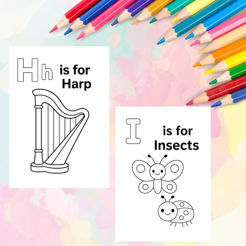 May include: Two coloring pages with the letters "H" and "I" and the words "Harp" and "Insects". The "H" page features a harp illustration, and the "I" page shows a butterfly and ladybug. Colored pencils are in the background.