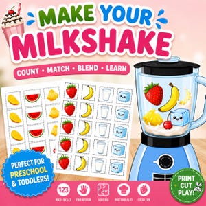 Könnte beinhalten: Ein farbenfrohes Lernspiel namens "Make Your Milkshake" mit einem blauen Mixer und passenden Karten mit Früchten und Eiswürfeln. Der Text lautet "Count, Match, Blend, Learn" und "Perfect for Preschool & Toddlers!".