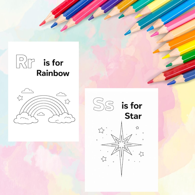 May include: Two white cards with black line drawings and text. One card says "Rr is for Rainbow" with a rainbow graphic. The other card says "Ss is for Star" with a star graphic. Colored pencils are in the background.