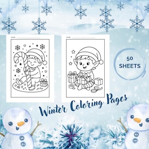 Op de afbeelding: Twee zwart-wit kleurplaten met winterelfen. Eén elf houdt een zuurstok vast, de ander verpakt cadeaus. De tekst "Winter Coloring Pages" staat eronder, met een cirkelvormige afbeelding met "50 Sheets".