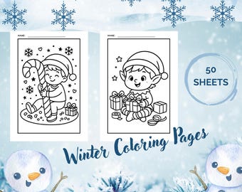 50 páginas para colorear de invierno para niños, lindas páginas imprimibles navideñas y festivas, hojas de actividades invernales A4, divertido libro para colorear con descarga digital.