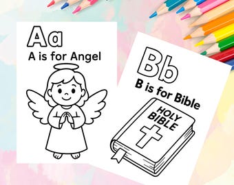 ABC-bijbelkleurplaten voor kinderen, kleurboek christelijk alfabet, zondagsschoolafdrukbaar, voorschools leren en religieuze activiteit