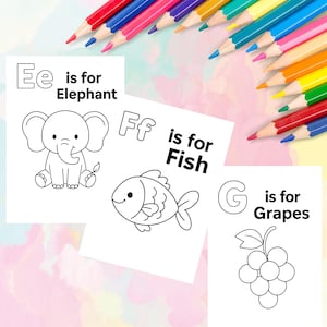 May include: Coloring pages with the letters E, F, and G, featuring an elephant, fish, and grapes. The pages are accompanied by a set of colorful pencils, perfect for creative activities. The background has a soft, pastel color scheme.