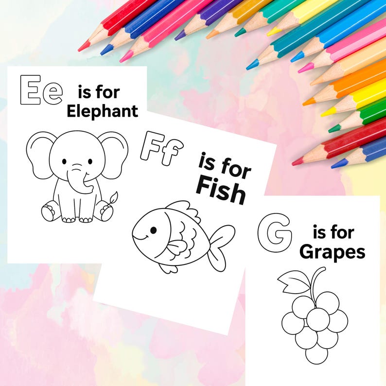 May include: Coloring pages with the letters E, F, and G, featuring an elephant, fish, and grapes. The pages are accompanied by a set of colorful pencils, perfect for creative activities. The background has a soft, pastel color scheme.