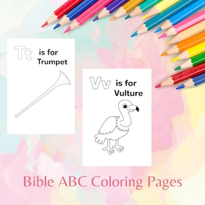 May include: Two coloring pages with the letters "T" and "V" and corresponding images of a trumpet and a vulture. The text "Bible ABC Coloring Pages" is at the bottom. Colored pencils are in the background.