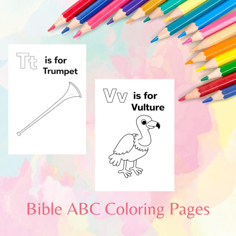 May include: Two coloring pages with the letters "T" and "V" and corresponding images of a trumpet and a vulture. The text "Bible ABC Coloring Pages" is at the bottom. Colored pencils are in the background.