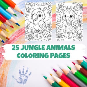 Könnte beinhalten: Eine Sammlung von 25 Dschungeltier-Malvorlagen mit einer Illustration von Papagei und Giraffe. Das Bild ist von farbigen Bleistiften umgeben. Der Text "25 JUNGLE ANIMALS COLORING PAGES" wird in grüner Schrift angezeigt.
