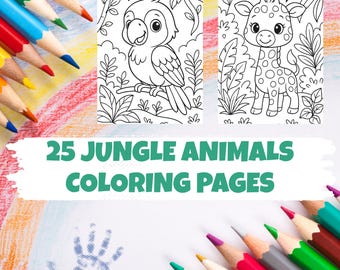 25 Jungle Animal Coloring Pages for Kids, Cute Safari Coloring Sheets, Toddler Printable Activity, Preschool Jungle Animals Coloring Book