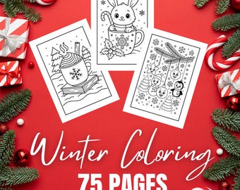 75 páginas para colorear de invierno para niños y adultos, lindas hojas imprimibles navideñas, hojas de actividades invernales A4, paquete para colorear con descarga digital.