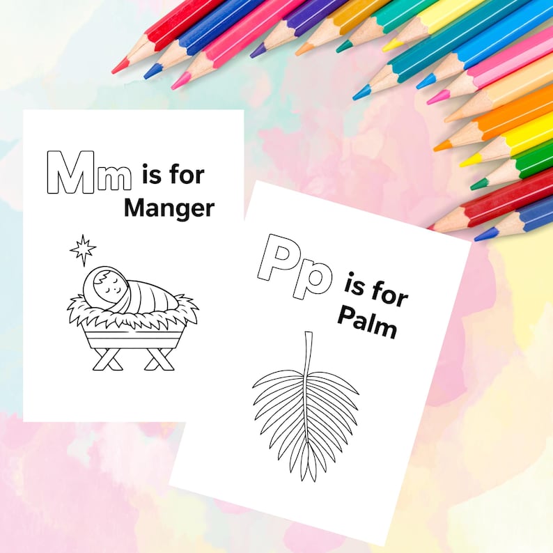 May include: Two white coloring pages with the text "Mm is for Manger" and "Pp is for Palm" are displayed. The "Manger" page shows a baby in a manger. The "Palm" page shows a palm leaf. Colored pencils are in the background.