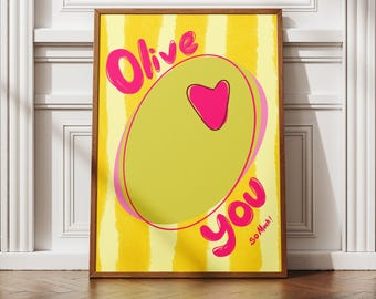 Olive You Wall Art, Trendy Kitchen Decor, Valentine's Day Food Illustration, Digital Download