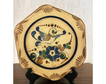 Vintage mexikanische Tonala Volkskunst Steinzeug Wandbehang Platte Vogel Blumenmotiv