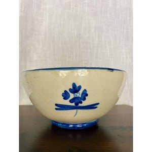 May include: A cream-colored ceramic bowl featuring a hand-painted blue floral motif on the exterior. The bowl has a thick blue rim and a blue base, with a smooth, glossy finish that reflects light across its rounded, symmetrical shape.