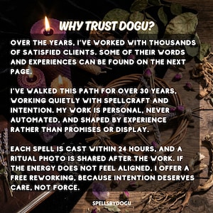 以下が含まれることがあります： 「WHY TRUST DOGU？」のテキストと呪文サービスに関する情報を含む画像。キャンドル、編まれたリース、乾燥ハーブが含まれています。テキストは経験、パーソナライズされた作業、儀式写真に焦点を当てています。