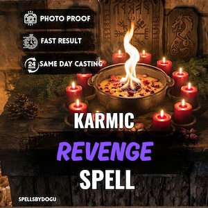 May include: A ritual scene featuring a cauldron with flames, surrounded by red candles. The text "KARMIC REVENGE SPELL" is prominently displayed. Additional text includes "PHOTO PROOF", "FAST RESULT", and "24 SAME DAY CASTING".