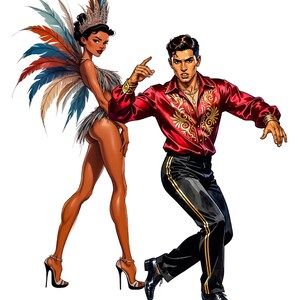 Puede incluir: Ilustraci&oacute;n de un hombre y una mujer con atuendo de baile. El hombre viste una camisa roja con bordados dorados y pantalones negros con rayas doradas. La mujer lleva un disfraz de plumas con una corona enjoyada y tacones altos.