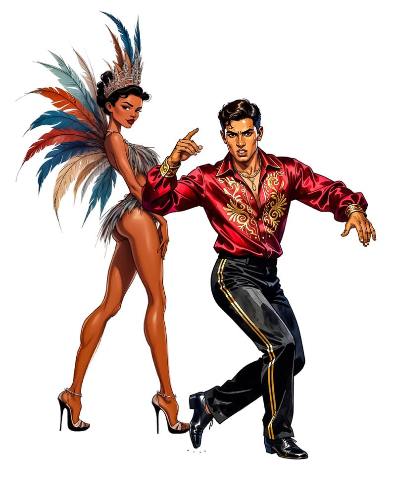 Puede incluir: Ilustraci&oacute;n de un hombre y una mujer con atuendo de baile. El hombre viste una camisa roja con bordados dorados y pantalones negros con rayas doradas. La mujer lleva un disfraz de plumas con una corona enjoyada y tacones altos.