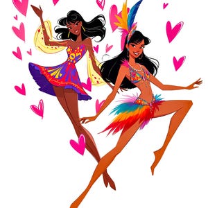 Puede incluir: Ilustraci&oacute;n de dos mujeres con vibrantes trajes de carnaval, rodeadas de corazones rosas. Una lleva un vestido morado, rojo y amarillo, la otra un atuendo de plumas de colores con un tocado de pluma azul. Ambas tienen cabello oscuro y est&aacute;n bailando.