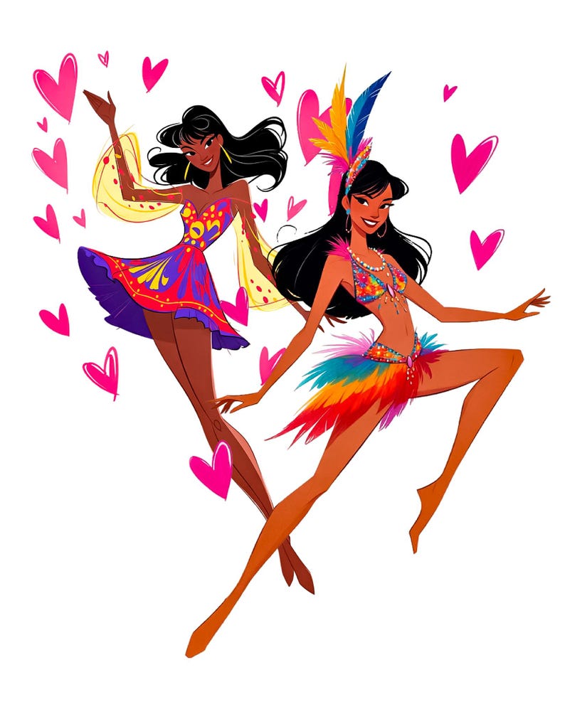 Puede incluir: Ilustraci&oacute;n de dos mujeres con vibrantes trajes de carnaval, rodeadas de corazones rosas. Una lleva un vestido morado, rojo y amarillo, la otra un atuendo de plumas de colores con un tocado de pluma azul. Ambas tienen cabello oscuro y est&aacute;n bailando.