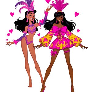 Puede incluir: Ilustraci&oacute;n de dos mujeres con vibrantes trajes de carnaval. Una lleva un atuendo morado y rosa con un tocado de plumas, la otra un vestido rosa y amarillo con un gran lazo. Corazones rosas flotan a su alrededor.