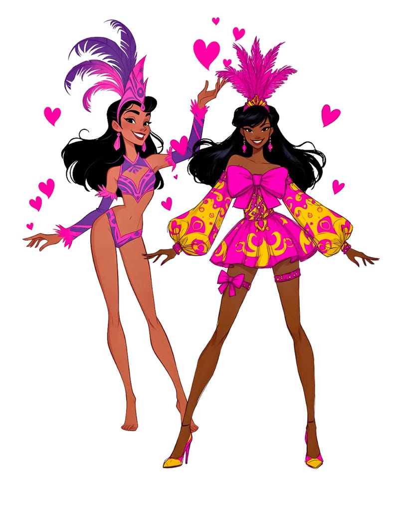 Puede incluir: Ilustraci&oacute;n de dos mujeres con vibrantes trajes de carnaval. Una lleva un atuendo morado y rosa con un tocado de plumas, la otra un vestido rosa y amarillo con un gran lazo. Corazones rosas flotan a su alrededor.