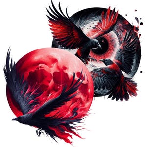 Peut inclure: Illustration de trois corbeaux noirs avec des accents d'ailes rouges, sur fond de lune rouge et de motif d'œil noir et blanc. L'œuvre a un thème fantastique avec une esthétique gothique.