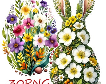 Clipart de huevo de Pascua floral y conejito: 30 flores de primavera PNG, descarga digital